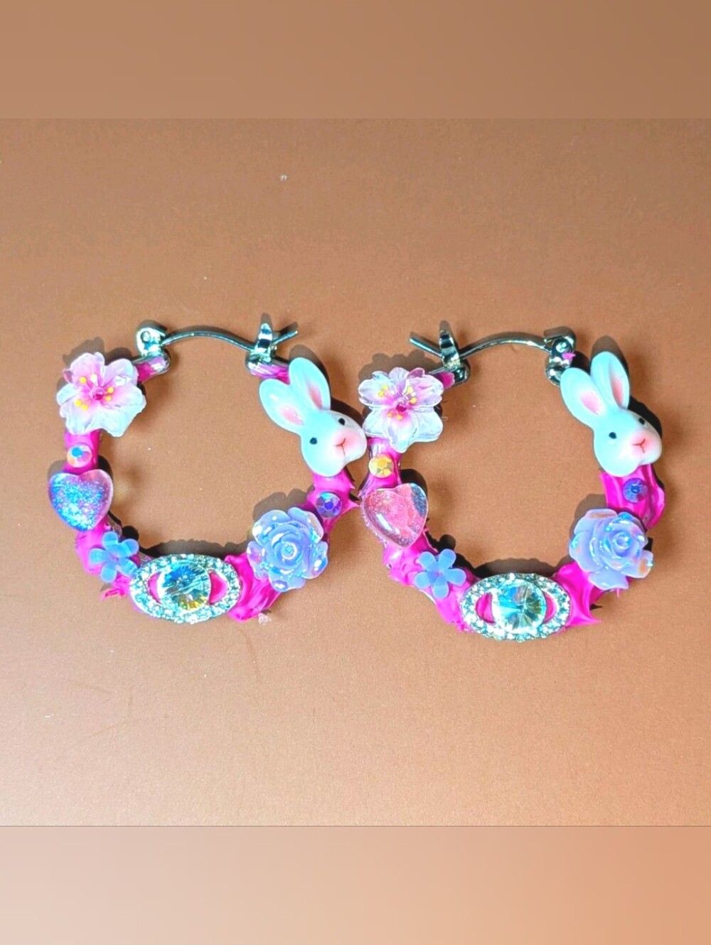 Hand Crafted Decoden Pink Bunny Small Hoop Earrings with Pastel Flower Charms